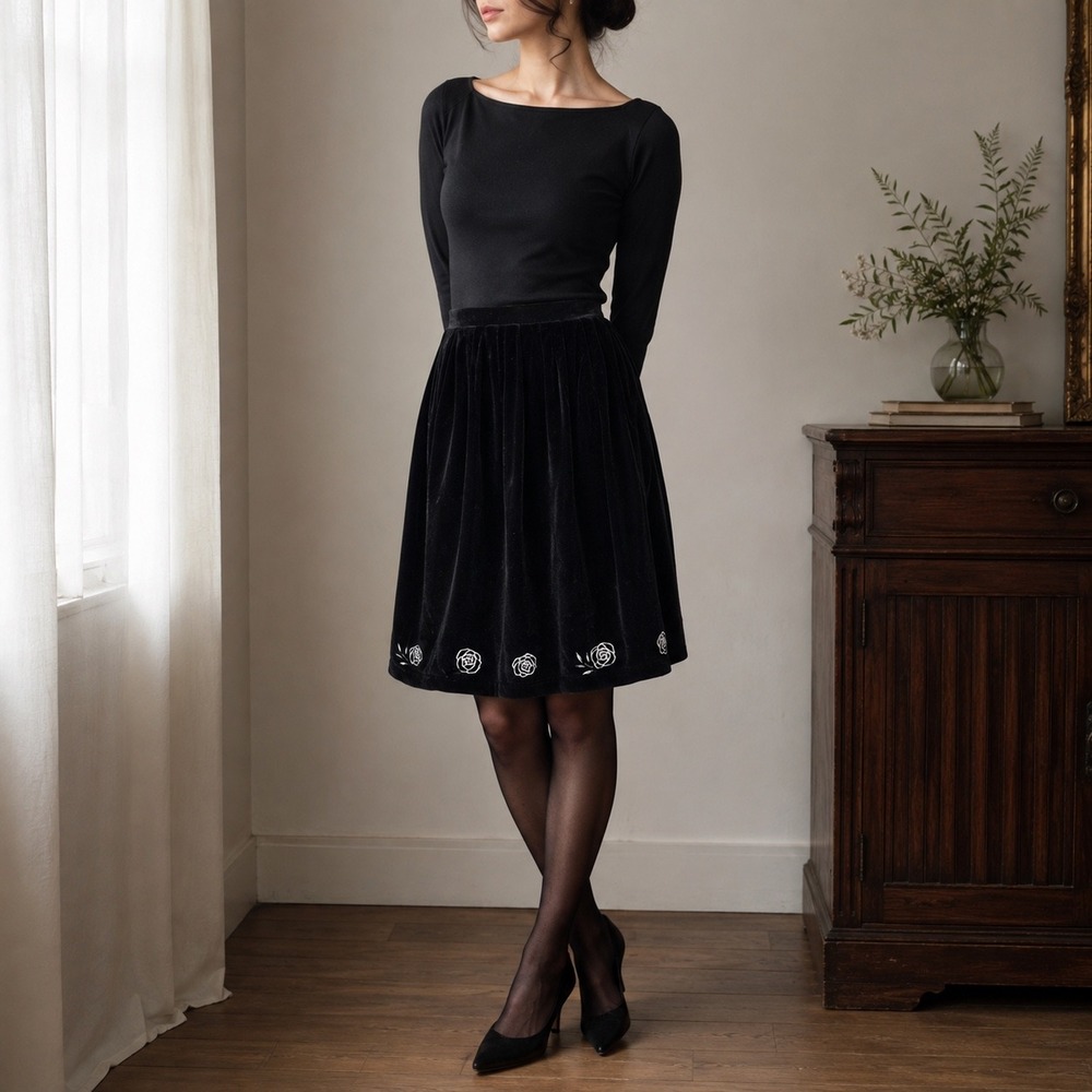 Vintage Charter Club Black Velvet Skirt 24" Waist Fits XXS/XS Rose Embroidery